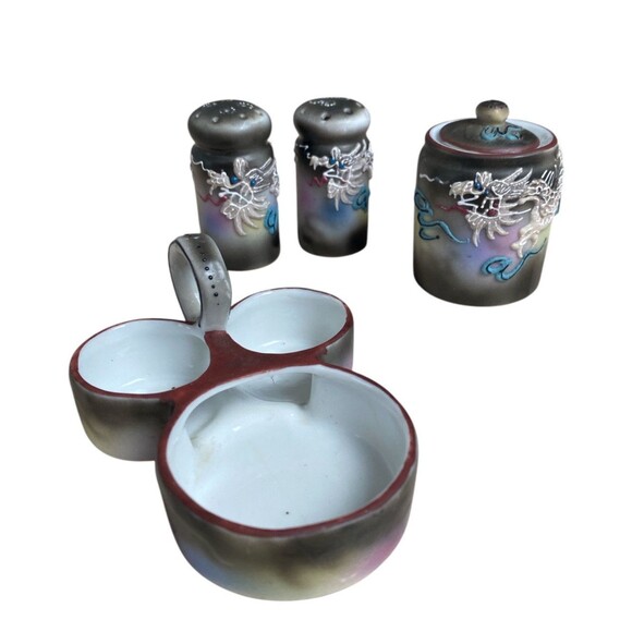 Vintage Japanese Moriage Dragonware Salt & Pepper + Mustard Pot 1920‑50s - Picture 5 of 6